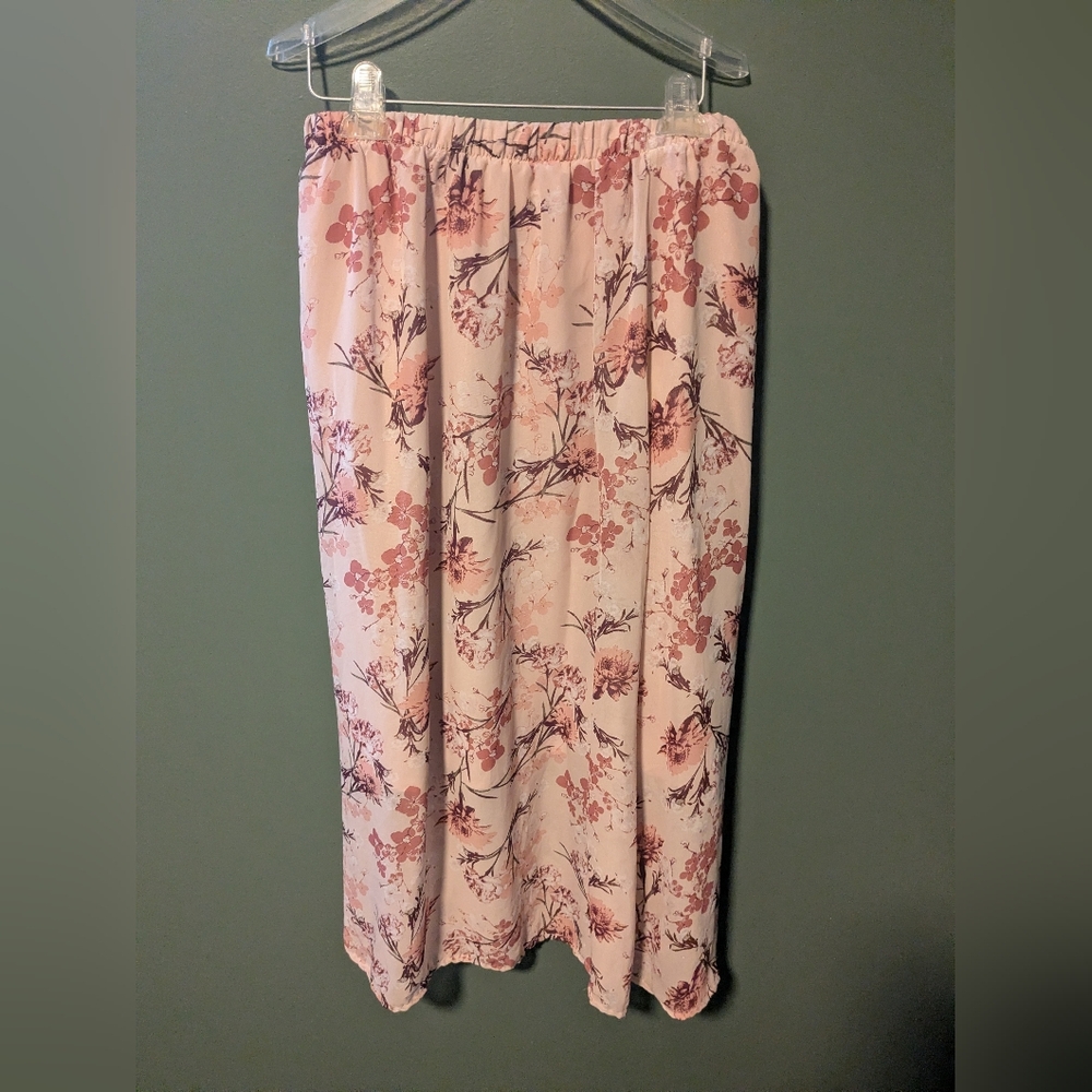 Women's Pink Floral Elastic Waist Midi Skirt